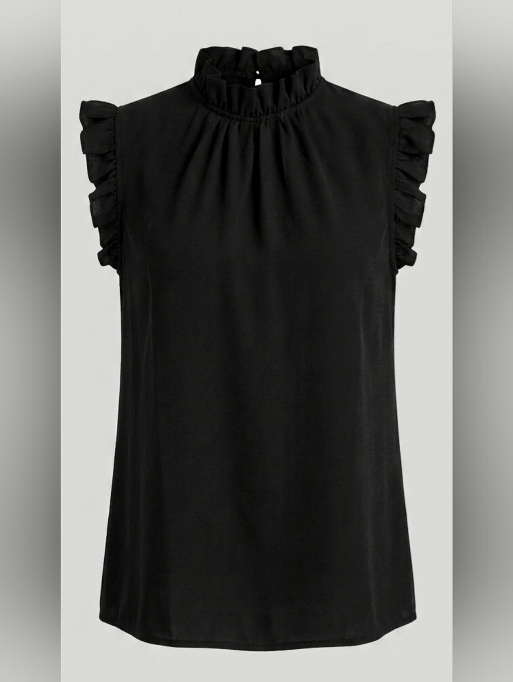 Black Ruffle Neck Blouse Sleeveless Feminine Chic Work Elegant Romantic Boho